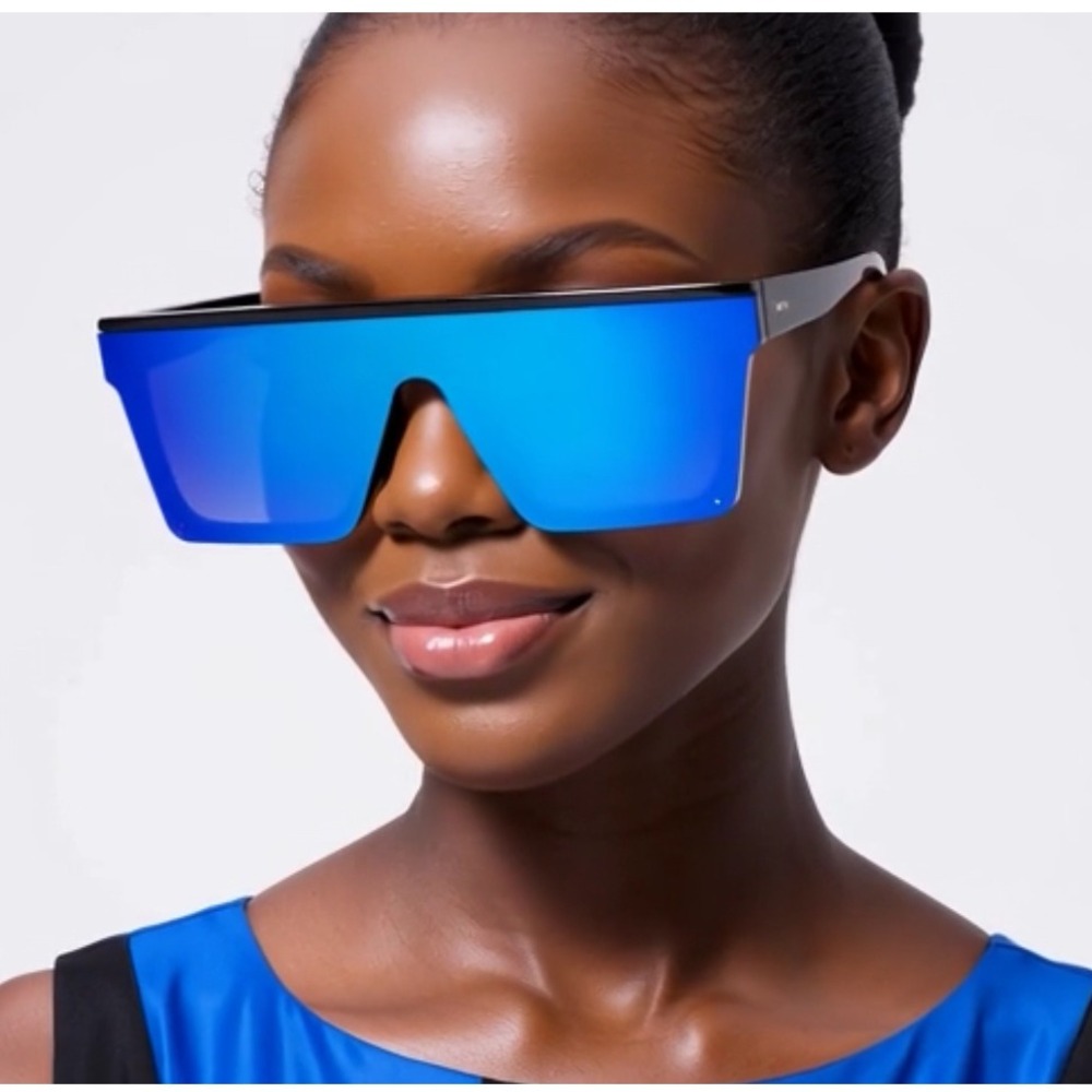 Shield Sunglasses Flat Top Oversized Blue Mirrored Lens Fashion Sunglasses Gafas - Picture 4 of 12